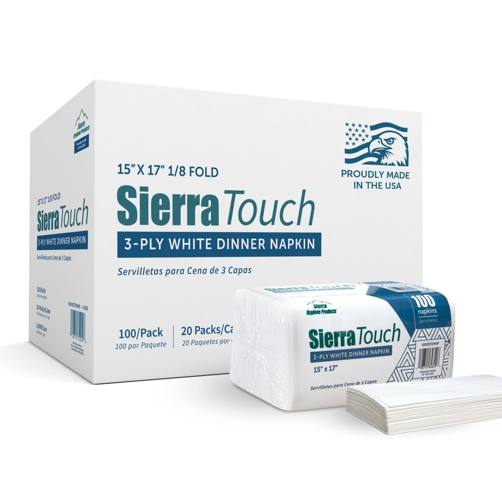2000 Count White Dinner Napkins, 3-Ply Disposable Paper Napkins, 15 x 17, Bulk Commercial Restaurant Napkins, 1/8 Fold, Soft & Absorbent, Made in USA, 20 Packs of 100 Sierra Touch