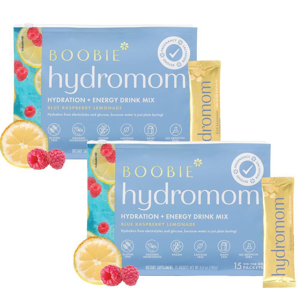 Boobie Hydromom Superfood Electrolyte Drink Mix, Blue Raspberry Lemonade | Refreshing Energy & Hydration Boost for Mamas | On-The-Go & Travel Essentials for Pregnancy, Lactation, & Beyond - 2 Pack