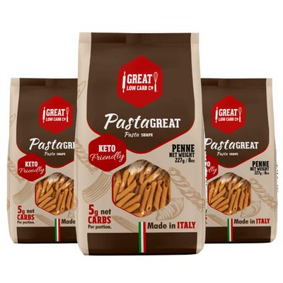 Great Low Carb Co. Keto-Friendly Italian Pasta Set, 0-5g Net Carbs, High Protein, High Fiber, Low Carb, Low Calories Made in Italy (3 Pack, Penne 8oz bag)