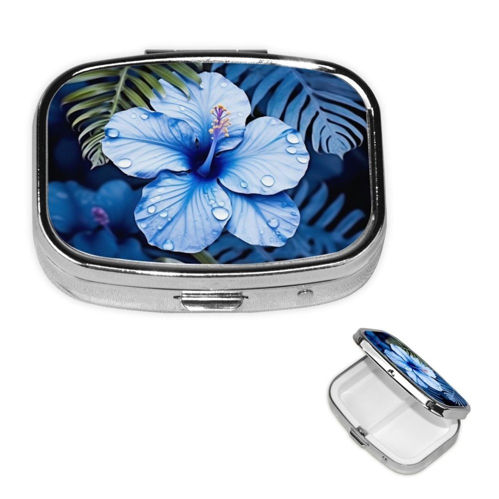 Pill Box Small Pill Case for Pocket & Purse Pill Organizer Portable Pill Container Cute Medicine Organizer Blue Flower Tropical Travel Pillbox for Vitamin Fish Oil Supplements