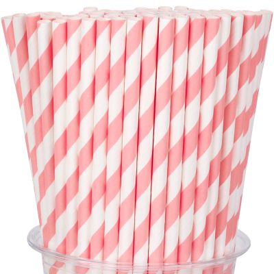 100 Packs Pink Biodegradable Striped Paper Straws, Disposable Drinking Straws for Birthday Carnival Summer Pool Party Wedding Baby Shower Halloween Christmas Party Decoration Supplies