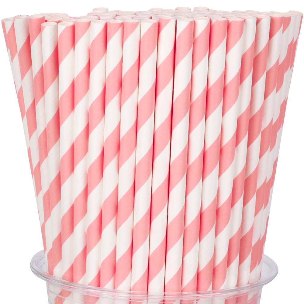 100 Packs Pink Biodegradable Striped Paper Straws, Disposable Drinking Straws for Birthday Carnival Summer Pool Party Wedding Baby Shower Halloween Christmas Party Decoration Supplies