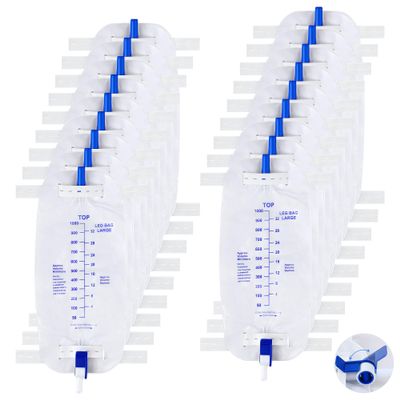 Geiserailie 18 Pack 1000ml Leg Bag Urinary Drainage Bag with Anti Reflux Valve, 33.8oz Large Capacity Urine Leg Catheter with Cloth Straps, Easy Flip Drain, Urinary Catheter for Men, Women