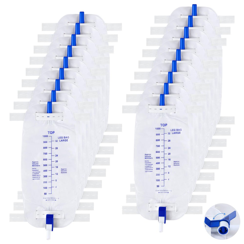 Geiserailie 18 Pack 1000ml Leg Bag Urinary Drainage Bag with Anti Reflux Valve, 33.8oz Large Capacity Urine Leg Catheter with Cloth Straps, Easy Flip Drain, Urinary Catheter for Men, Women
