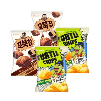 [Combo of 4 Big Packs] Orion Turtle Chips, Choco Churros (2)/ Sweet Corn (2) Flavor, Super Crunch, 5.64 oz