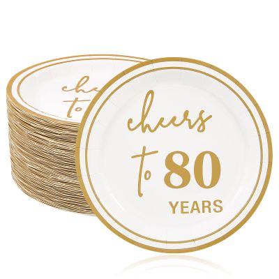 Ottin 50 Count White 7-Inch Dessert Paper Plates Gold Cheers to 80 Years Disposable Plates for 80th Anniversary, Birthday Party & Milestone Celebrations