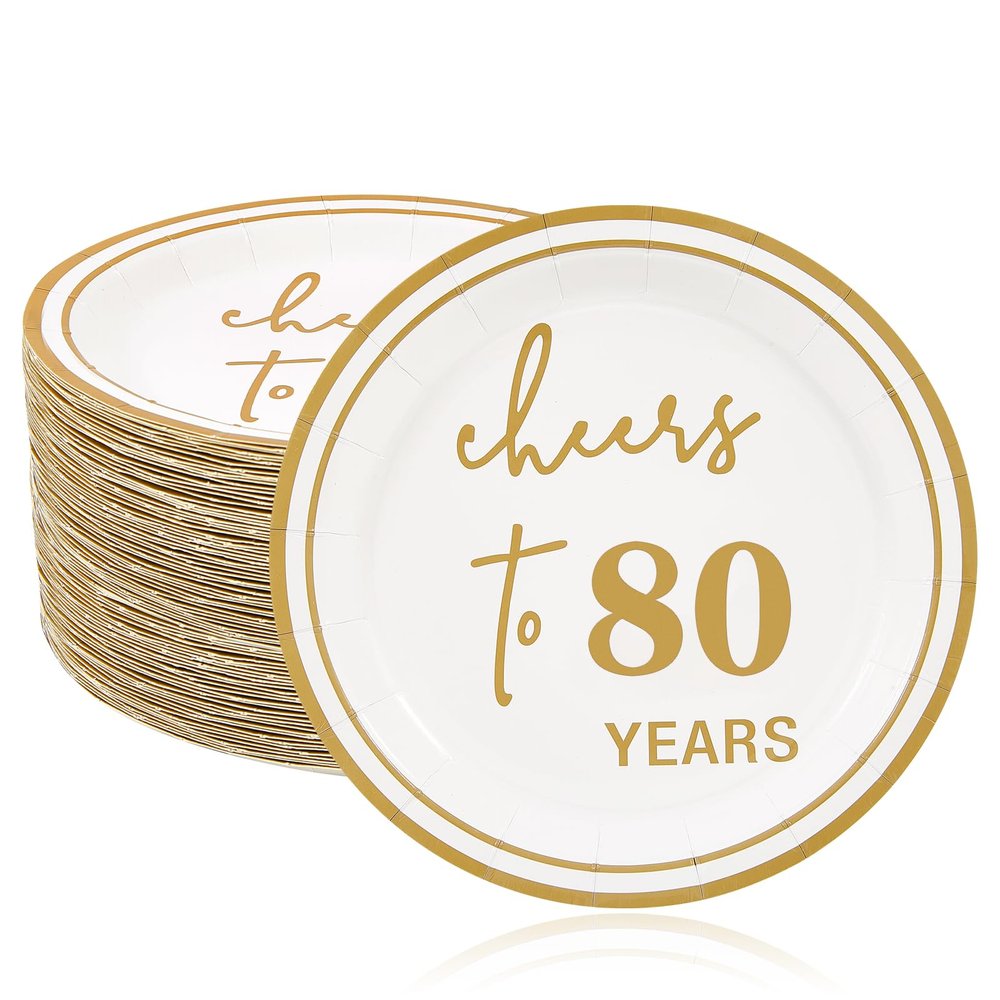 Ottin 50 Count White 7-Inch Dessert Paper Plates Gold Cheers to 80 Years Disposable Plates for 80th Anniversary, Birthday Party & Milestone Celebrations