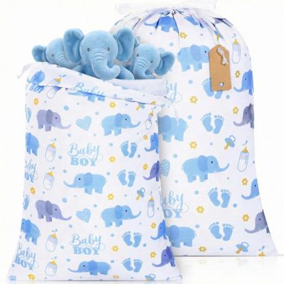 Capoda 2 Pcs Blue Elephant Drawstring Bags 20 x 28 Inch Extra Large Baby Shower Bags Reusable Fabric Elephant Gift Pouches for Birthday Baby Shower Gender Reveal Gift Wrapping Supplies Decor