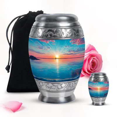 Beach Purple Sunset Funeral Large urns for Human Ashes Men & Women - Tiny cremains urn for Ashes Mother & Father - Cremation Gifts for Decorative - Combo 10inch 200lbs & Keepsake 3inch