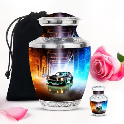 Black Car Handmade Small Funeral urns for Human Ashes Adult Female & Women - Large Burial urn for Ashes Male & Father - Decorative Gifts for cremains - Combo 10inch 200lbs & Keepsake 3inch
