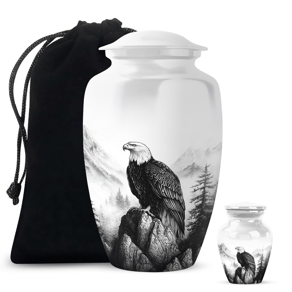 Yatskia Black and White Eagle Urn for Ashes Adult Male, Memorial Urns for Adult Human Ashes, (Classic 10 Inch and 3 Inch)