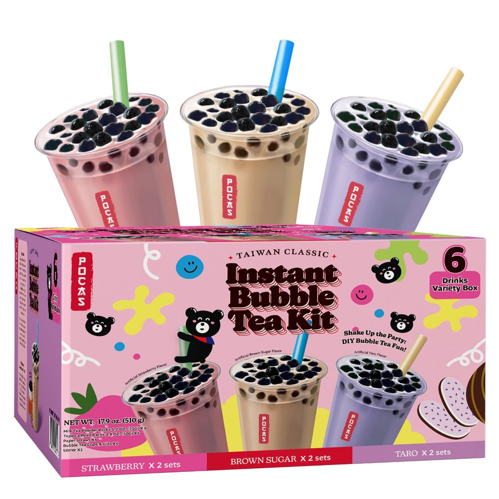 Pocas Bubble Tea Kit, Variety 6-Pack Party Set Strawberry, Taro, and Brown Sugar with Tapioca Pearls, Milk Powder, Cups, Paper Straws, 17.9 Oz