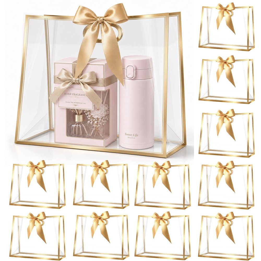 YumiTrek 15Pcs Clear Gift Bags with Handles, Large PVC Transparent Bags with Ribbon 12 x 10 x 5 in, Party Favor Bag Reusable for Wedding Bridal Shower Baby Shower Birthday (Metallic Gold)