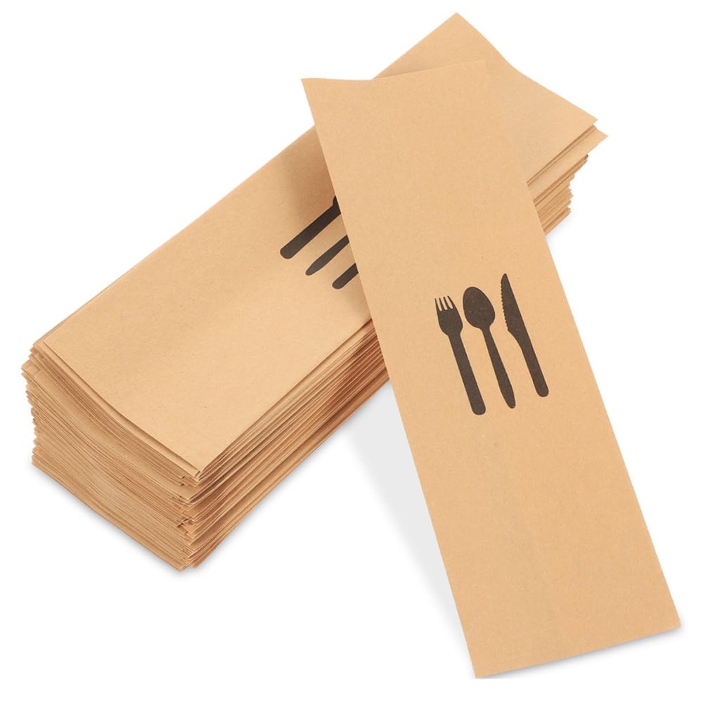 Happyyami 200pcs Rustic Cutlery Pouches Kraft Paper Silverware Bags Tableware Storage Pouches for Hotel