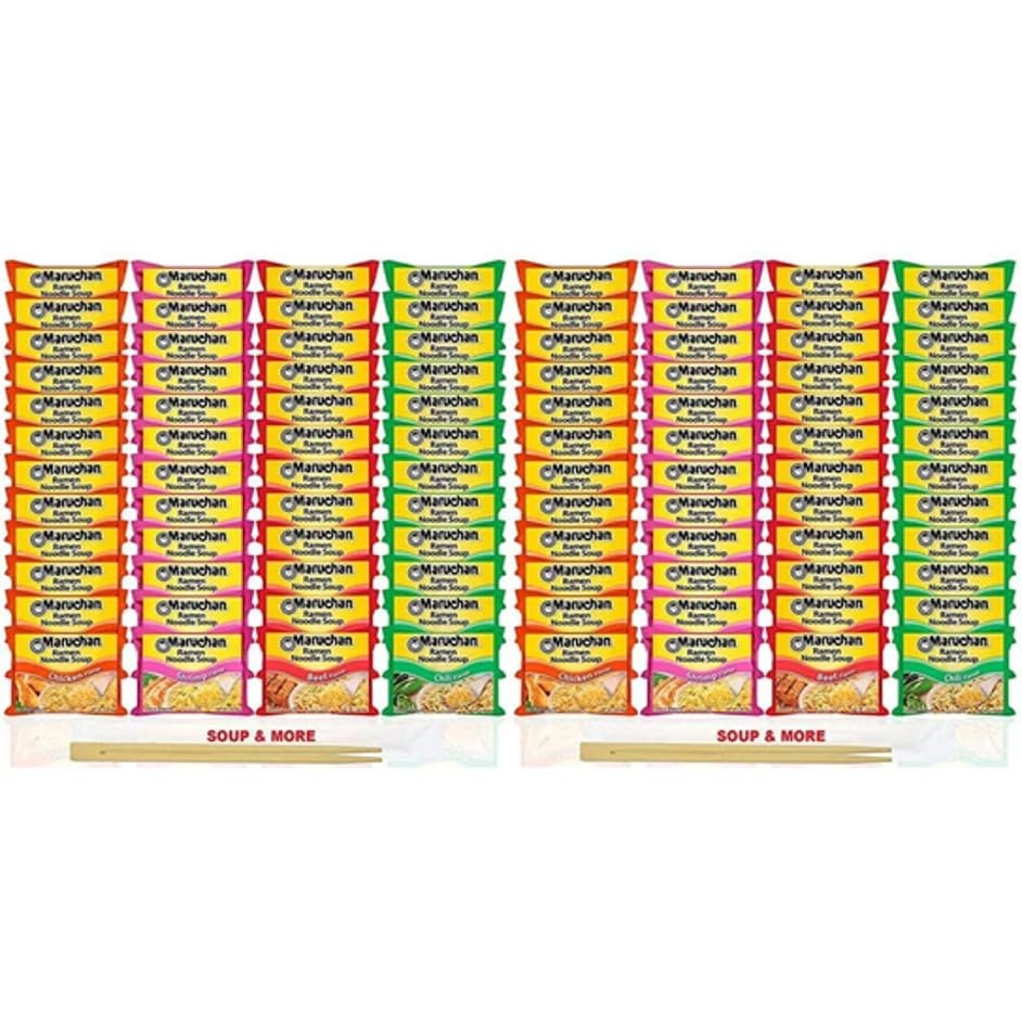 26 Mix, Ramen Instant Soup 96 Count Noodles Packs- 24 Chicken, 24 Shrimp, 24 Beef & 24 Chili, 4 Flavors