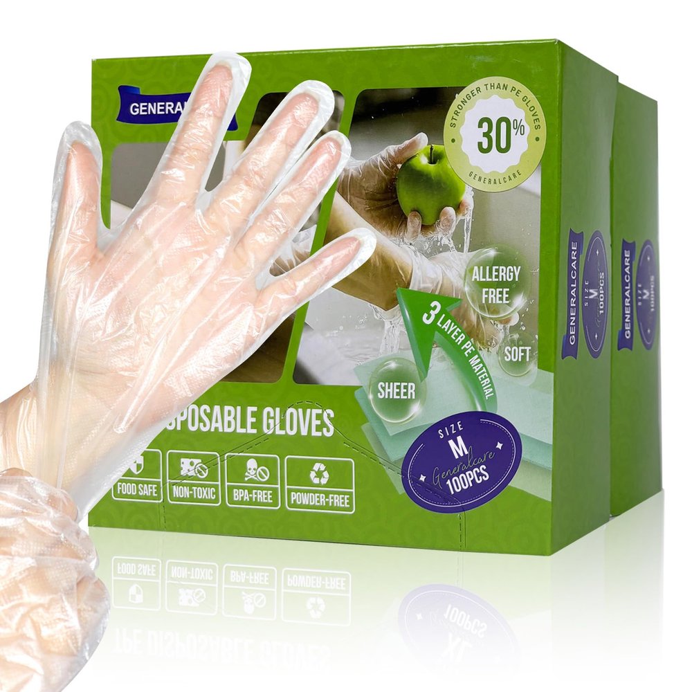 GENERALCARE Disposable TPE Cooking Gloves, Ideal for Cleaning and Food Prep, Latex & Powder Free, Food safe (2 * 100PCS, Medium)