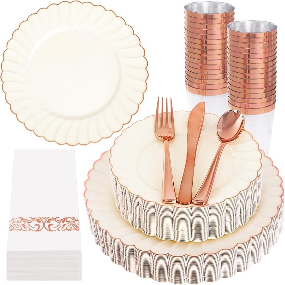 YOUBET 175PCS Ivory Scalloped Plastic Plates with Rose Gold Rim for Party