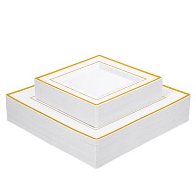 Brolifon White Square Plastic Plates with Gold Rim, 80pcs