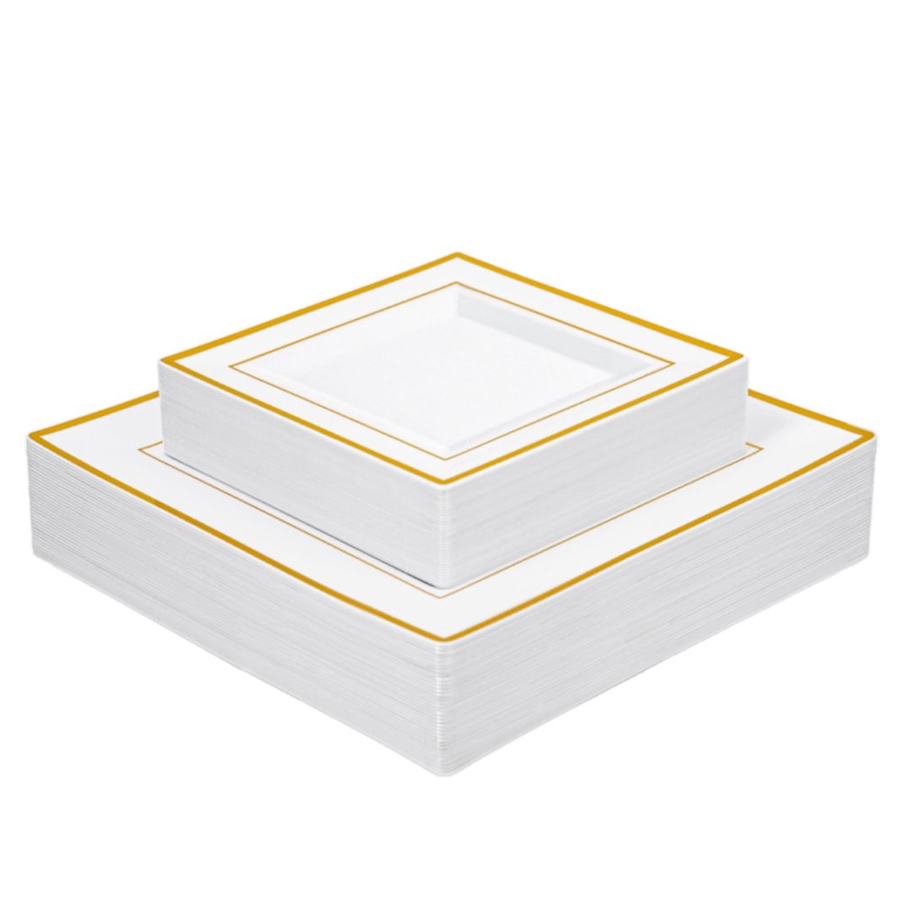 Brolifon White Square Plastic Plates with Gold Rim, 80pcs
