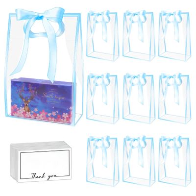 15Pack Clear Plastic Gift Bags with Handle,Reusable PP Gift Wrap Tote Bags with Ribbon for Wedding Bridal Birthday Party Baby Shower Goodies Graduation Shopping Business, 7x10x3.15 Inch (Blue)