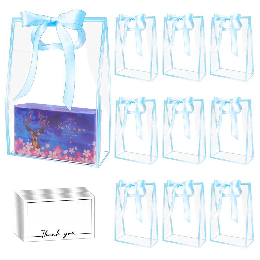 15Pack Clear Plastic Gift Bags with Handle,Reusable PP Gift Wrap Tote Bags with Ribbon for Wedding Bridal Birthday Party Baby Shower Goodies Graduation Shopping Business, 7x10x3.15 Inch (Blue)