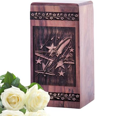 Airplane in Sky Wooden Memorial Urn for Adult Ashes Women and Men, Cremation Urns for Human Ashes Female & Male, (8 Inch, 115 Cubic Inches)