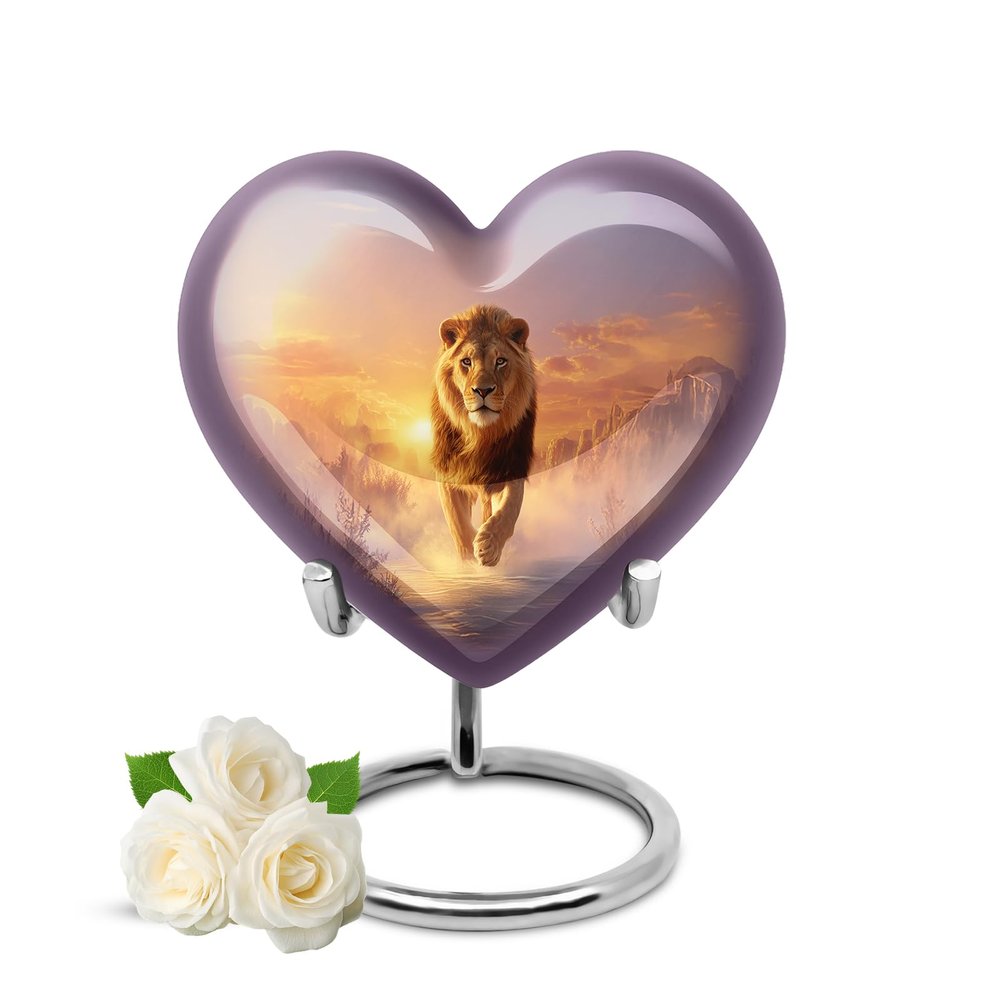 KARYLIZ Lion Cremation Heart Shaped Urns for Adult Male & Female - Mini Keepsake Urns for Human Ashes - Small Funeral Urn Container for Women & Men - Burial Urn for Mom & Dad (Up to 3 Cubic Inches)