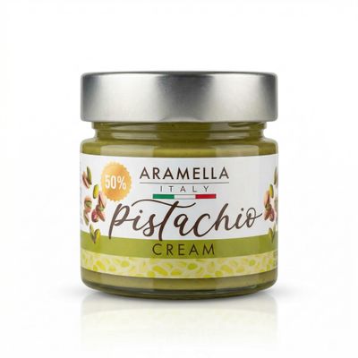 Aramella Gourmet Italian 50% Pistachio Cream 7.05 oz Glass Jar Made in Italy No Artificial Colors, Flavors, or Palm Oil