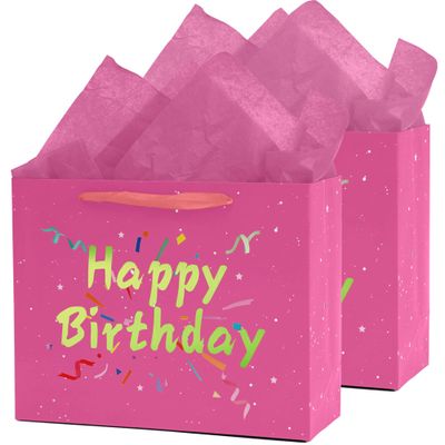Febbleshow Pink Birthday Gift Bags with Tissue Paper - Matte Finish with Gold Foil Lettering and Confetti Design - Birthday Party Gift Bag for Men Women Kids - 13"x10.3"x4.7" (Pack of 2)