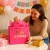 Febbleshow Pink Birthday Gift Bags with Tissue Paper - Matte Finish with Gold Foil Lettering and Confetti Design - Birthday Party Gift Bag for Men Women Kids - 13"x10.3"x4.7" (Pack of 2) view 3