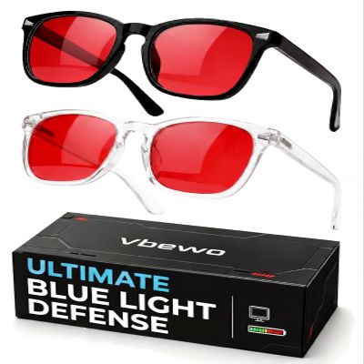 Vbewo 2 Packs Professional Sleep Glasses with 99.9% Blue Light Blocking Dual AR Coatings Red Lens, Computer Gaming Glasses for Men Women, Anti Fatigue & Eye Strain