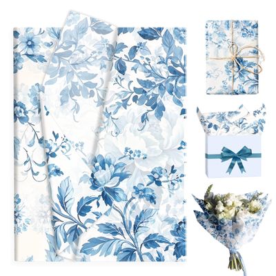 50 Sheets Blue Floral Tissue Paper Chinoiserie ift Wrapping Papers Blue and White Porcelain Flower Bouquet Packaging Paper for Birthday Wedding Baby Shower DIY Crafts Party Decor, 14 x 20 Inch (C)