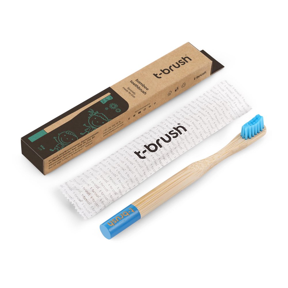 t-brush Kids Bamboo Toothbrush - Blue Colour - Cute Fun Toothbrush