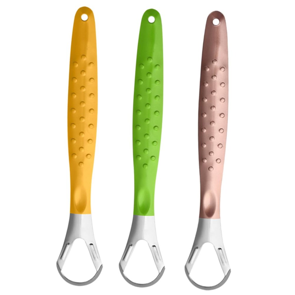 BATHVEVE Stainless Steel Tongue Scraper Tool Set 3-Piece Metal Tongue Coating Cleaner for Adults Effective Bad Breath Remover Easy to Use for Oral Hygiene