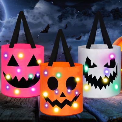 Sadnyy 3 Pcs Halloween Trick or Treat Bags Light up for Kids Pumpkin Candy Bucket LED Halloween Treating Baskets Reusable Goody Tote Bag for Party Favor Supplies(White, Pink,Orange)