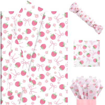 100 Sheets Pink Bow and Strawberry Tissue Paper, 20 x 14 Inch Pink Bow Strawberry Printed Wrapping Paper for Mother's Day Birthday Wedding Baby Shower Gift Wrapping Holiday Bouquet