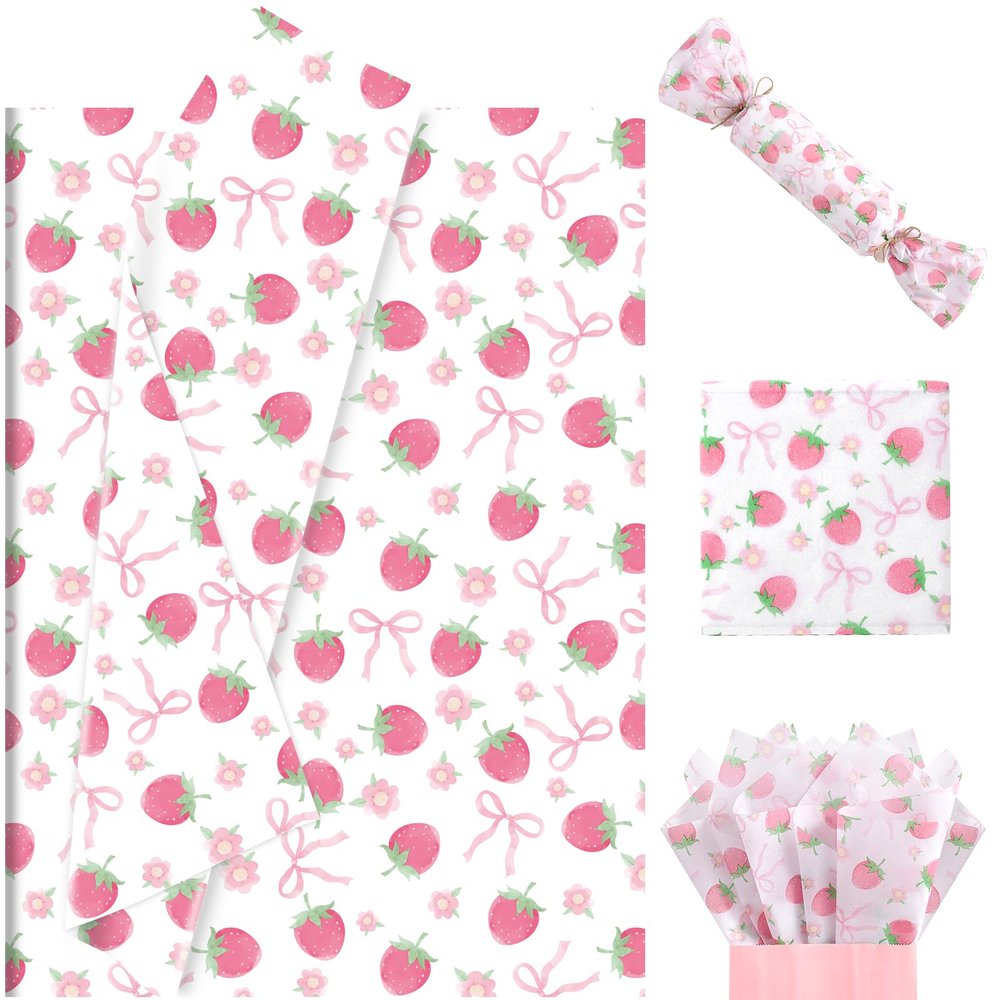 100 Sheets Pink Bow and Strawberry Tissue Paper, 20 x 14 Inch Pink Bow Strawberry Printed Wrapping Paper for Mother's Day Birthday Wedding Baby Shower Gift Wrapping Holiday Bouquet