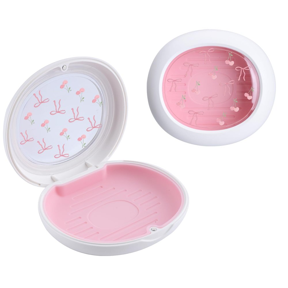 AdorableWhimsy Cute Retainer Case with Silicone Pad, Portable Slim Aligner Case Orthodontic Retainer Box, Denture Storage Container Travel Mouth Guard (Bowknot Cherry)