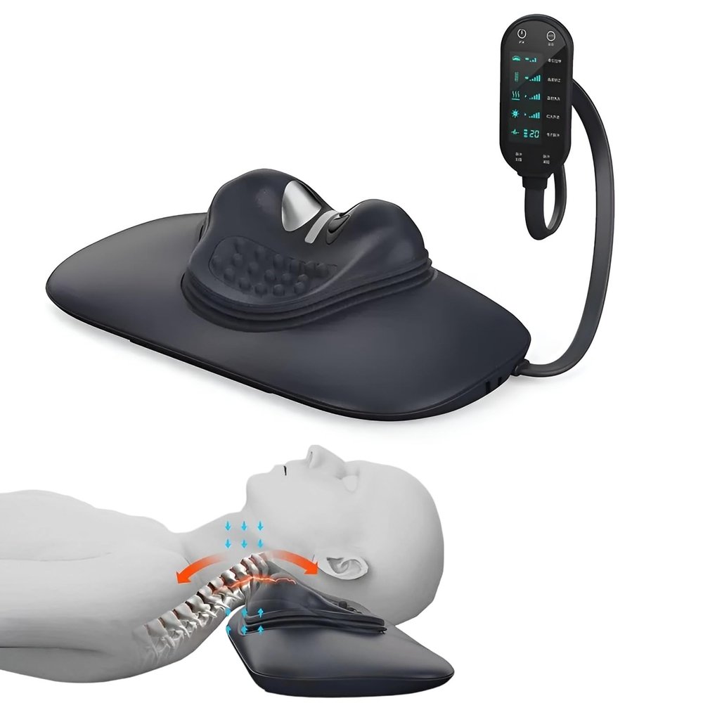 lewitools Adjustable Cervical Traction Device, Electric Neck Stretch Pillow, Dynamic Cervical Stretch, Electrotherapy and High Temperature to Relieve Neck Muscles (Black)