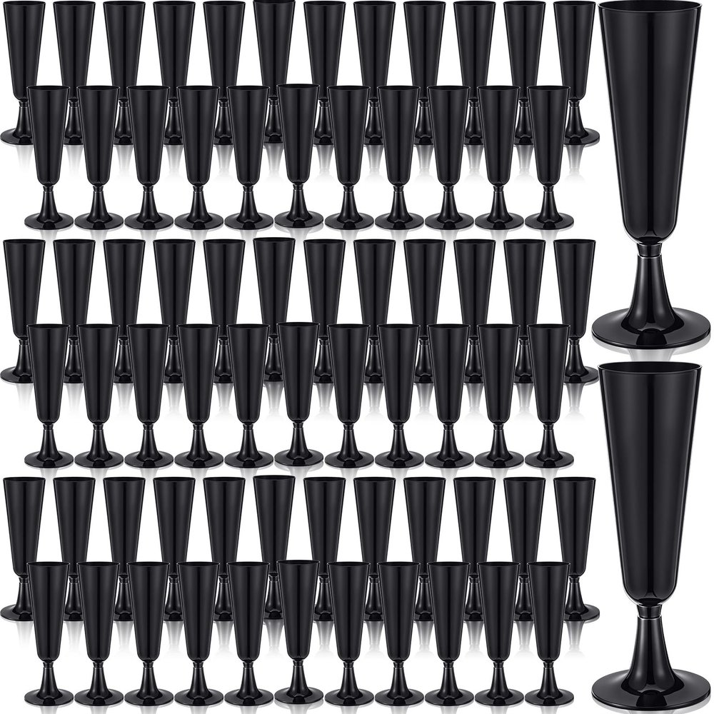 Domensi 100 Pack Black Champagne Flutes Bulk Plastic Disposable Champagne Glasses 5.5 oz Plastic Mimosa Glasses Wedding Cocktail Cups for Engagement Birthday Graduation Decor 2026 Party Supplies