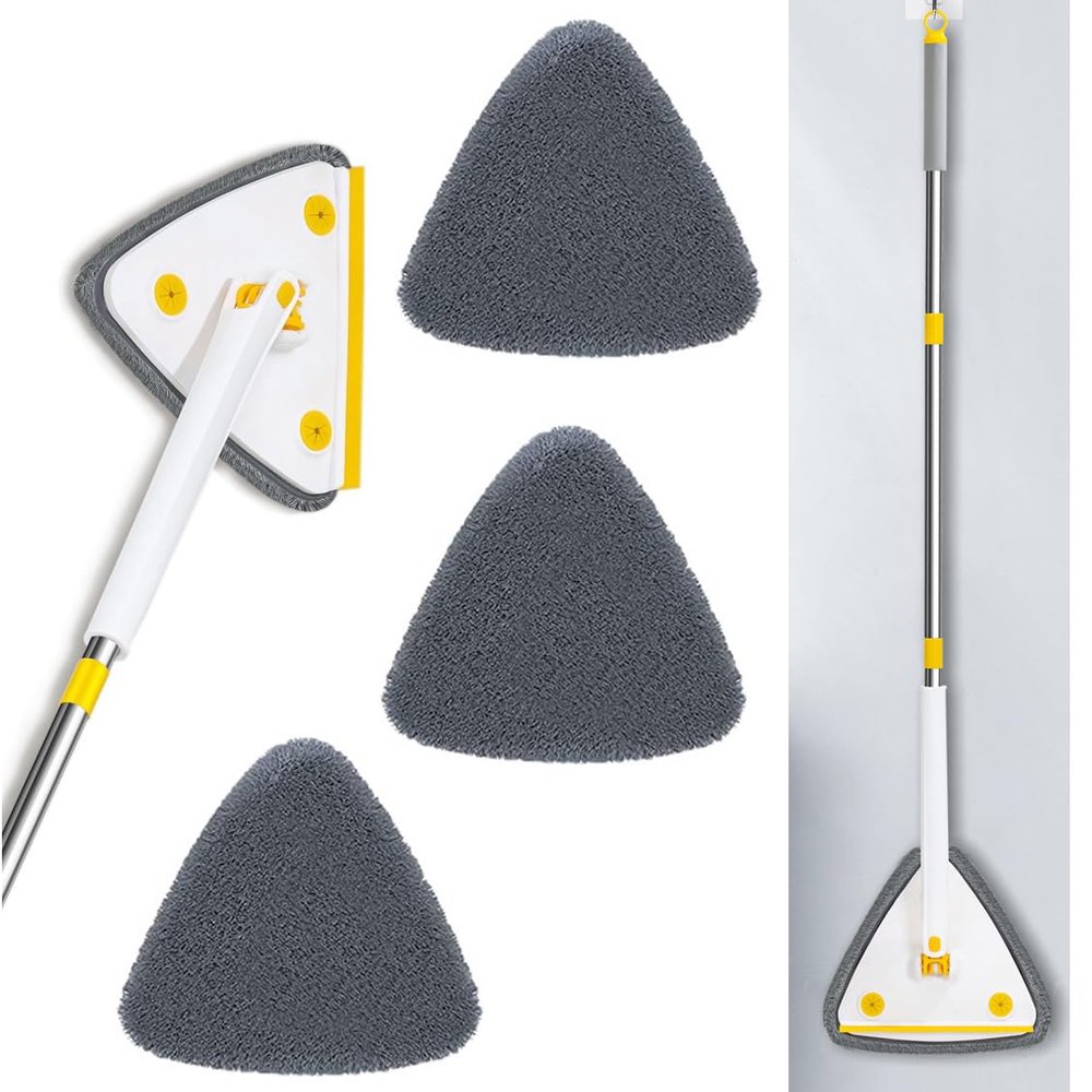 360 Rotatable Adjustable Cleaning Mop,Triangle Shaped Wall Mop with Squeegee,Telescopic,Long Handle Microfiber Dust,Wet and Dry Use,for Wall,Ceiling,Window,Baseboard-White||3 Cloth