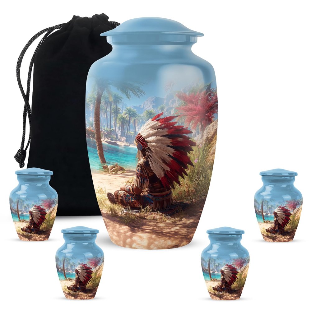 KARYLIZ Native American Cremation Keepsake Urns for Human Adult Ashes, Memorial Gift for Men & Women, Native American Urn Ash for Male & Female, Combo, 1 Large 10 Inch & 4 Mini 3 Inch