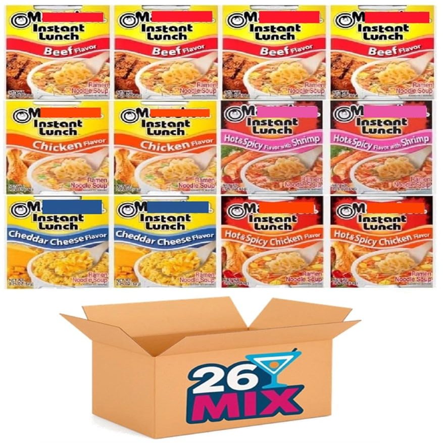 26 Mix, Ramen Noodle Cup Soup Instant Lunch Variety 12 Count - 5 Flavors -Chicken, Beef, Chedder cheese, Spicy Chicken, Spicy Shrimp