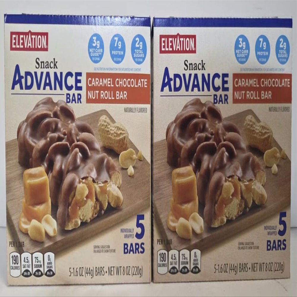 Elevation Caramel Chocolate Nut Roll Bar Snack Advance Bar Keto Support 8oz 220g (Two Boxes)