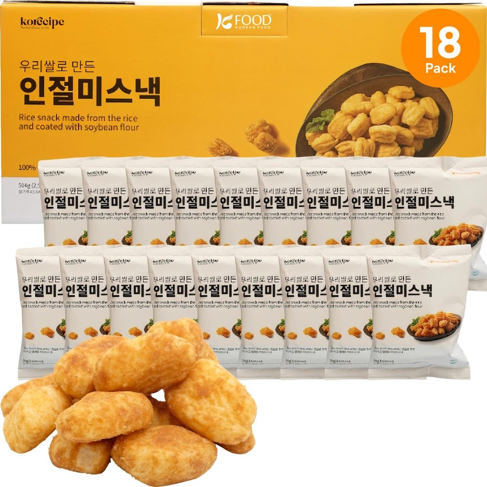 Korean Food Shinwhadang Korean Injeolmi (Korean Sweet Rice Cake) Snack (0.99 oz * 18 Packs) Crispy Rice Snack with Roasted Soybean Coating (Total 17.8 oz)