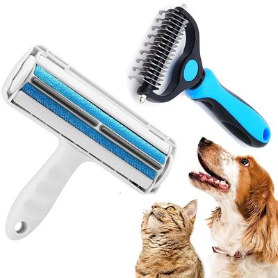 Quanmin 2 Pack Pet Grooming Set, Deshedding Brush & Dematting Comb, Reusable Pet Hair Remover Roller for Furniture Couch Carpet, Effective Dog Cat Hair Removal Tool, Grooming Supplies for Dogs Cats