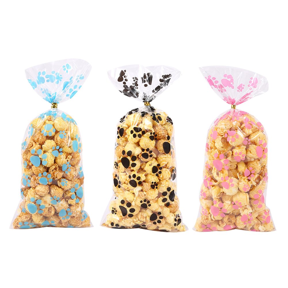 Prudance 150pcs Dog Paw Cellophane Bags, Pink + Blue + Black