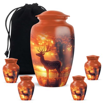 JAGLASH Deer Funeral Urns for Adult Ashes Women & Men Large 10 Inch - Keepsake 3 Inch Urns for Human Ashes - Burial Urn for Mom & Dad - Cremation Urn for Loved Ones (1 Large, 4 Keepsake)