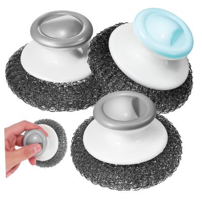 LOLIPPYY 3pcs Stainless Steel Scrubber Dish Brush Handle Kitchen Dish Cleaning Brush Cleaning