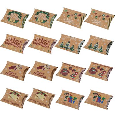 16 Pieces Christmas Gift Pillow Boxes, Candy Treat Goodie Small Kraft Paper Box for Wedding New year Birthday Bachelorette Baby Shower Party Favors Supplies